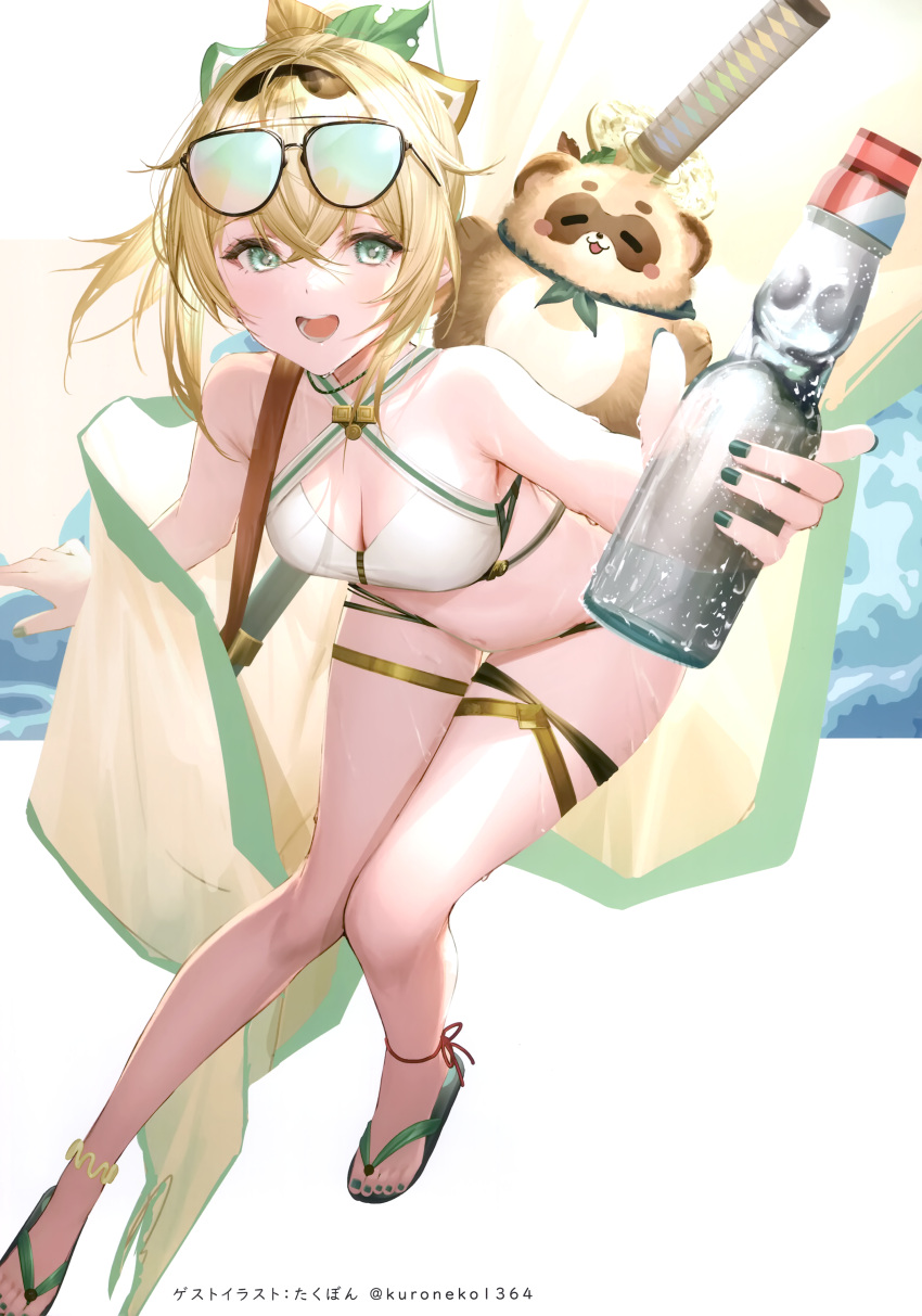 1girl :d absurdres bangs bare_legs bikini blonde_hair bottle breasts cleavage crossed_bangs eyewear_on_head green_eyes green_nails hair_between_eyes hair_ribbon highres holding holding_bottle hololive kazama_iroha medium_breasts nail_polish pokobee ribbon sandals scan smile solo sunglasses swimsuit sword sword_on_back takubon thigh_strap toenail_polish toenails virtual_youtuber weapon weapon_on_back white_bikini