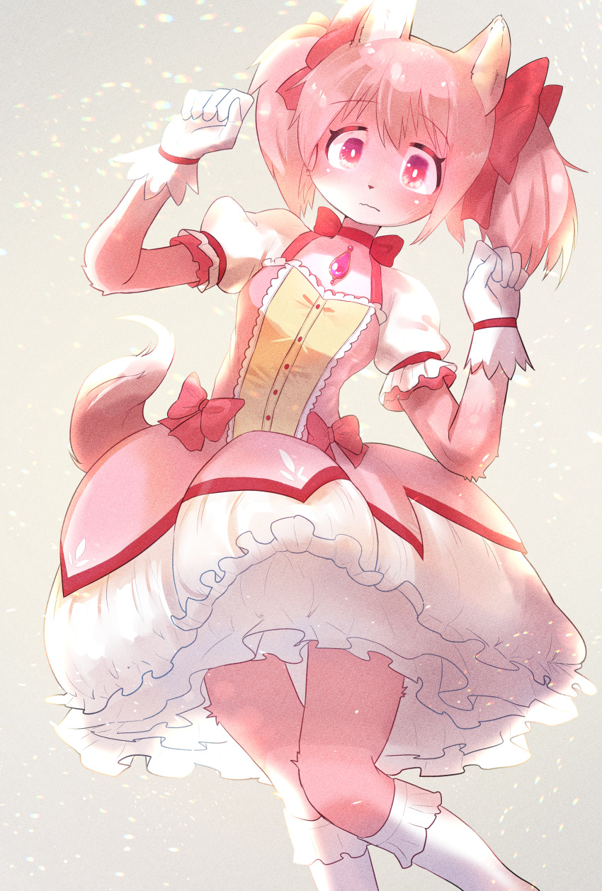 1girl absurdres animal_ears body_fur bow breasts bright_pupils choker dress frilled_socks frills furrification furry furry_female gloves hair_bow highres kaname_madoka leaning_to_the_side magical_girl mahou_shoujo_madoka_magica onikuman paw_pose pink_bow pink_dress pink_eyes pink_fur pink_hair puffy_short_sleeves puffy_sleeves red_bow red_choker short_hair short_sleeves small_breasts socks solo twintails white_gloves white_pupils white_socks