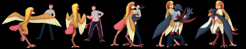 absurd_res anthro avian beak bird_feet black_background blonde_hair bottomwear bottomwear_down breast_growth breasts brown_body brown_feathers butt claws clothed clothing denim denim_clothing duo embrace eyewear feather_growth feathered_wings feathers female female/female gender_transformation generation_1_pokemon generation_3_pokemon genitals glasses growth hair hi_res human_to_anthro jeans long_image male male/female mtf_transformation nintendo nude pants pants_down partially_clothed pidgeot pokeball pokemon pokemon_(species) pussy shirt simple_background species_transformation standing swellow t-shirt tail_feathers tail_growth tomek1000 topwear transformation transformation_sequence video_games wide_image winged_arms wings