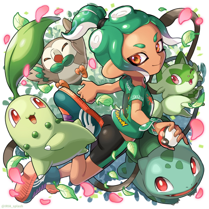 1girl :3 artist_name bike_shorts bird black_shorts bulbasaur cat chikorita closed_mouth commentary_request dark-skinned_female dark_skin fangs forehead full_body green_footwear green_hair green_shirt high_ponytail highres holding holding_poke_ball iria_(yumeirokingyo) leaf looking_at_viewer looking_to_the_side octoling octoling_girl open_mouth owl petals poke_ball poke_ball_(basic) pokemon pokemon_(creature) ponytail print_shirt red_eyes rowlet shirt shoes short_eyebrows short_ponytail short_sleeves shorts sidelocks smile smirk sneakers splatoon_(series) splatoon_3 sprigatito t-shirt tentacle_hair tentacles twitter_username white_background