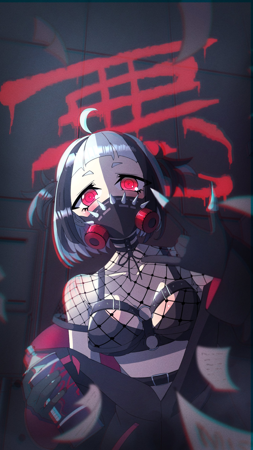 1girl absurdres belt black_bra black_gloves black_hair bra breasts fishnet_top fishnets gloves graffiti highres holding jacket kanji looking_at_viewer mask medium_breasts neon_kuroyuri open_clothes open_jacket paint paint_can pink_eyes short_hair solo sprite_art trebas underwear virtual_youtuber wactor_production white_hair