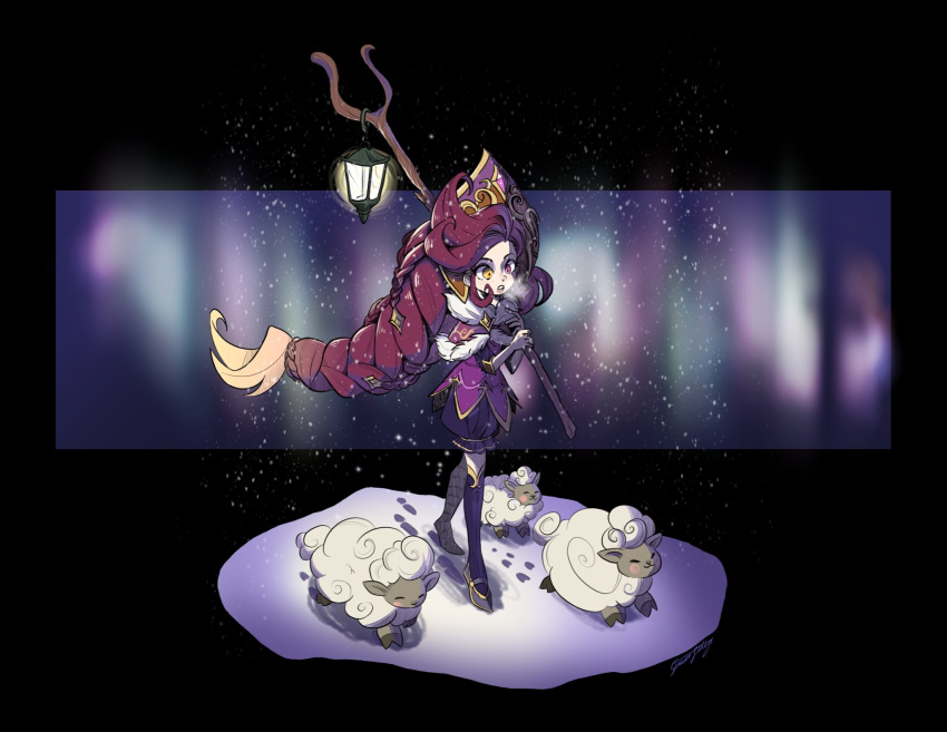 1girl animal bangs black_background blurry blurry_background capelet closed_eyes closed_mouth fur-trimmed_capelet fur_trim gem green_stellar hat heterochromia highres holding_lamp lamp league_of_legends long_hair official_alternate_costume open_mouth purple_capelet purple_shirt purple_shorts red_hair running sheep shiny shiny_hair shirt shoes shorts snow snowing solo teeth thighhighs upper_teeth winterblessed_zoe yellow_eyes zoe_(league_of_legends)