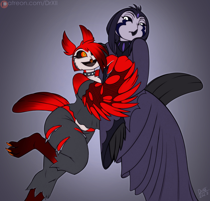 anthro avian beak biped bird bottomwear claws clothed clothing collar digital_media_(artwork) dress drxii duo embrace feathered_wings feathers feet female female/female goth hi_res hug legwear open_mouth owl sibling simple_background sister sisters smile tail_feathers tongue torn_clothing winged_arms wings