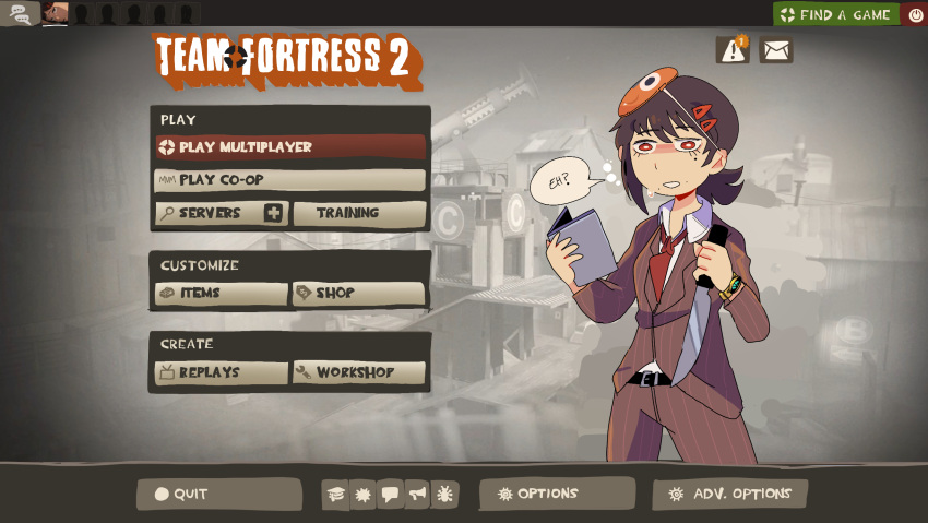 1girl belt blush brown_hair chainsaw_man collared_shirt copyright_name cosplay cowboy_shot disguise_kit_(team_fortress) english_text enthusiast's_timepiece formal game_screenshot_background hair_ornament hairclip higashiyama_kobeni highres holding holding_knife holding_weapon jiansketch knife mask mask_on_head mole mole_under_eye mole_under_mouth necktie pants pochita_(chainsaw_man) pochita_(chainsaw_man)_(cosplay) red_eyes red_necktie shirt solo speech_bubble spy_(tf2) spy_(tf2)_(cosplay) striped striped_pants striped_suit suit sweatdrop team_fortress_2 weapon