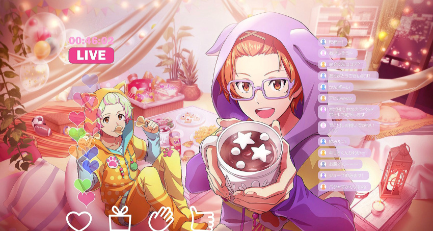 2boys american_football_(object) animal_ears aoi_kyosuke ball balloon candle chips_(food) cup doughnut fingernails food green_hair heart highres holding holding_cup hood hoodie hot_chocolate idolmaster idolmaster_side-m idolmaster_side-m_growing_stars lantern livestream long_sleeves looking_at_viewer male_focus marshmallow multicolored_hair multiple_boys nekoyanagi_kirio official_art orange_hair orange_pajamas orange_socks pajamas paw_print pillow pink-framed_eyewear pink_hair pink_pajamas plant sitting_on_pillow smile soccer_ball socks star-shaped_food teeth third-party_source upper_teeth