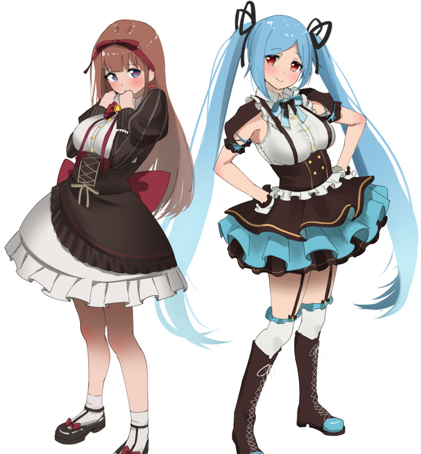.live 2girls blue_hair blush boots breasts brown_hair cross-laced_footwear cross-shaped_pupils dress frilled_skirt frills garter_straps hair_ribbon hands_on_hips highres juliet_sleeves kakyouin_chieri knee_boots large_breasts long_hair long_sleeves miniskirt multiple_girls puffy_sleeves red_eyes ribbon short_dress skirt symbol-shaped_pupils tama_(tamago) thighhighs twintails underbust very_long_hair virtual_youtuber yamato_iori