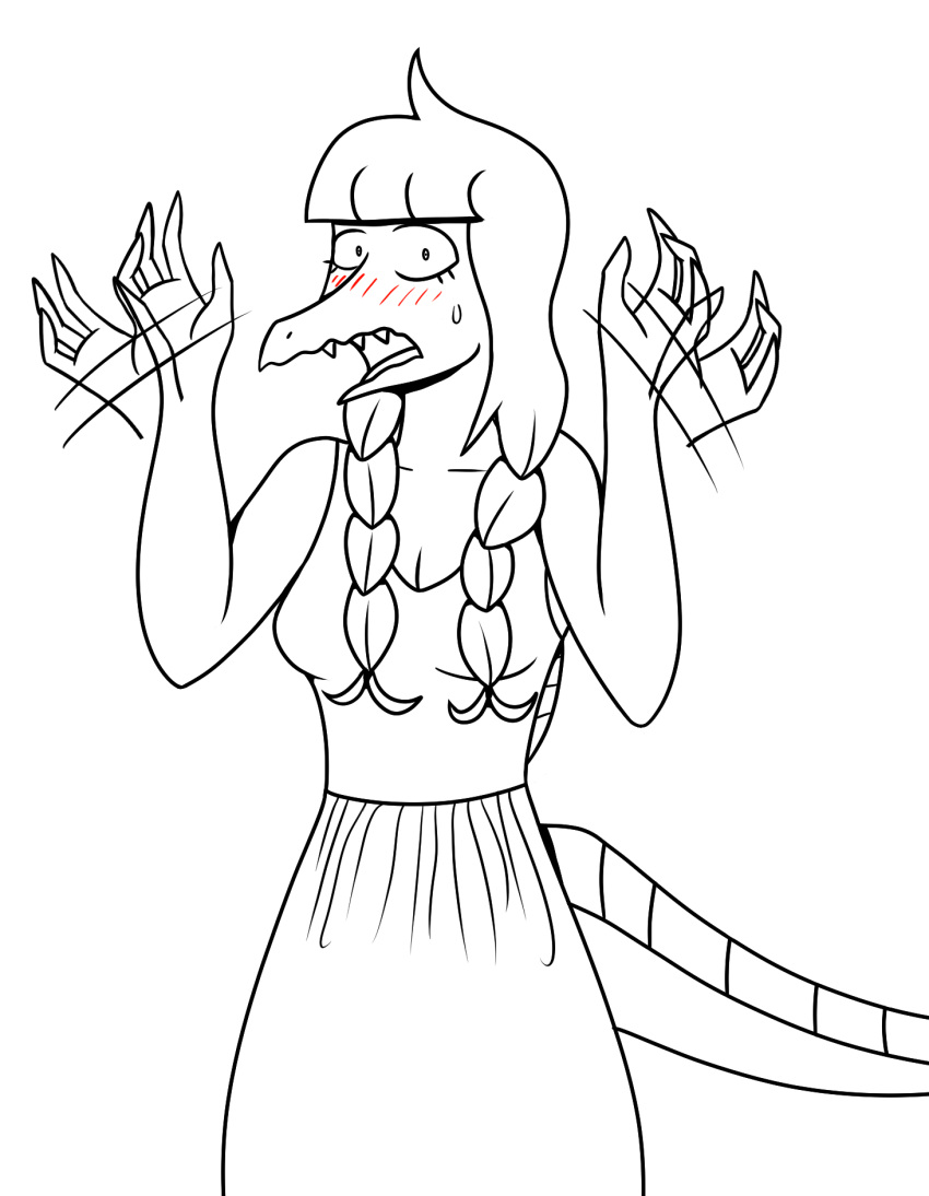 anthro blush bodily_fluids bottomwear braided_hair clothed clothing dinosaur fanning fanning_self female goodbye_volcano_high hair hi_res line_art long_snout looking_at_viewer machacapigeon monochrome open_mouth reptile rosemary_(gvh) scalie sharp_teeth sketch skirt snoot_game_(fan_game) snout solo sweat teeth wide_eyed
