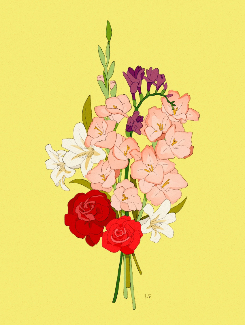 bouquet commentary commission english_commentary flower flower_focus gladiolus highres leaf libbyframe lily_(flower) no_humans original pink_flower plant purple_flower red_flower red_rose rose signature simple_background still_life white_flower white_lily yellow_background