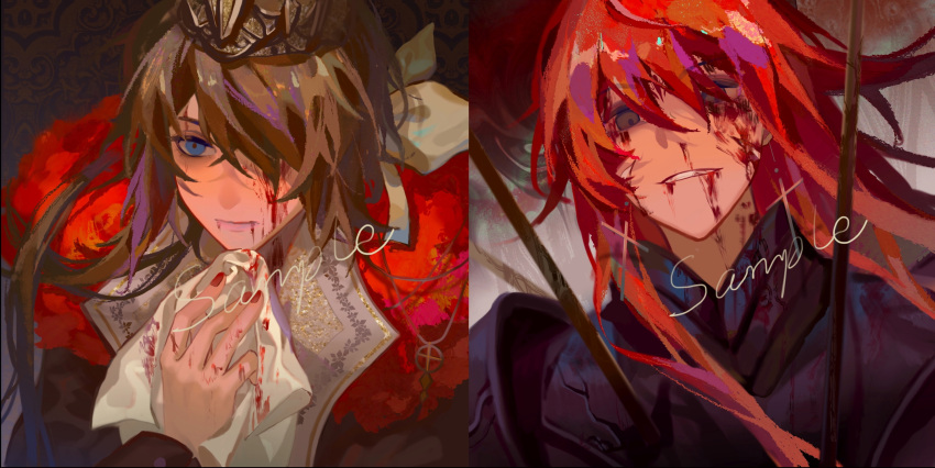 2boys angel armor bangs black_armor blood blood_emperor blood_from_eyes blood_on_clothes blood_on_face blue_eyes brown_hair chinese_commentary commentary_request crown empty_eyes hand_on_own_chest highres injury long_hair looking_at_viewer lord_of_the_mysteries medici_(lord_of_the_mysteries) multiple_boys mushengli nail_polish neckerchief parted_lips red_eyes red_hair sample_watermark shaded_face teeth white_neckerchief