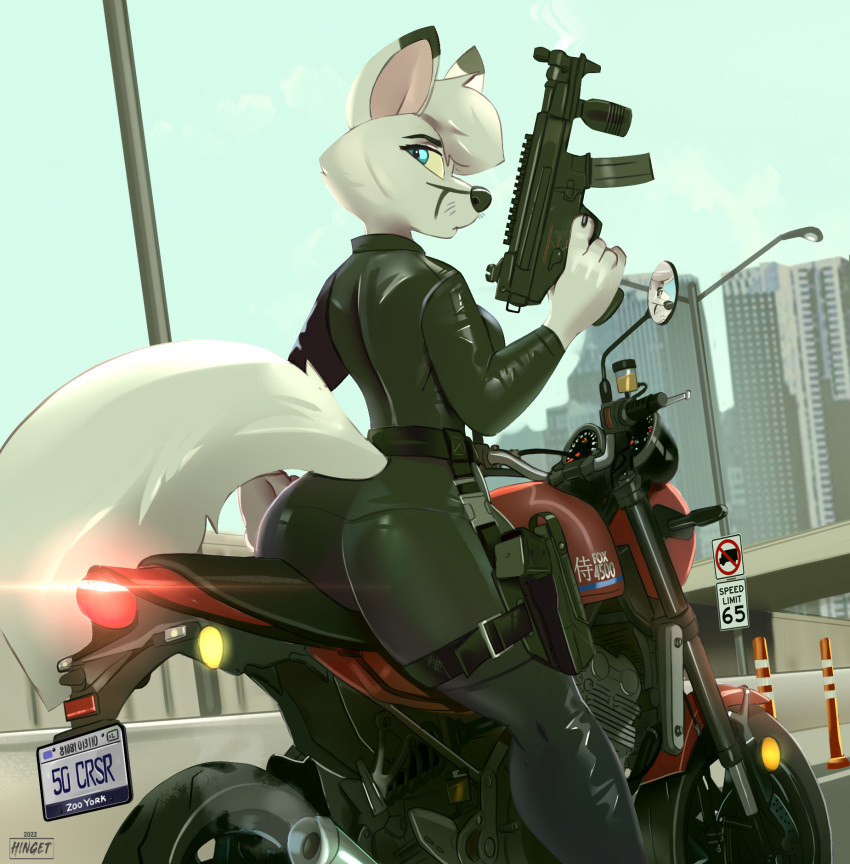 agent anthro blue_eyes building butt canid canine city female fox fur gun hi_res hinget liscence_plate looking_back mammal motorcycle outside ranged_weapon skyscraper solo vehicle weapon wheels white_body white_fur