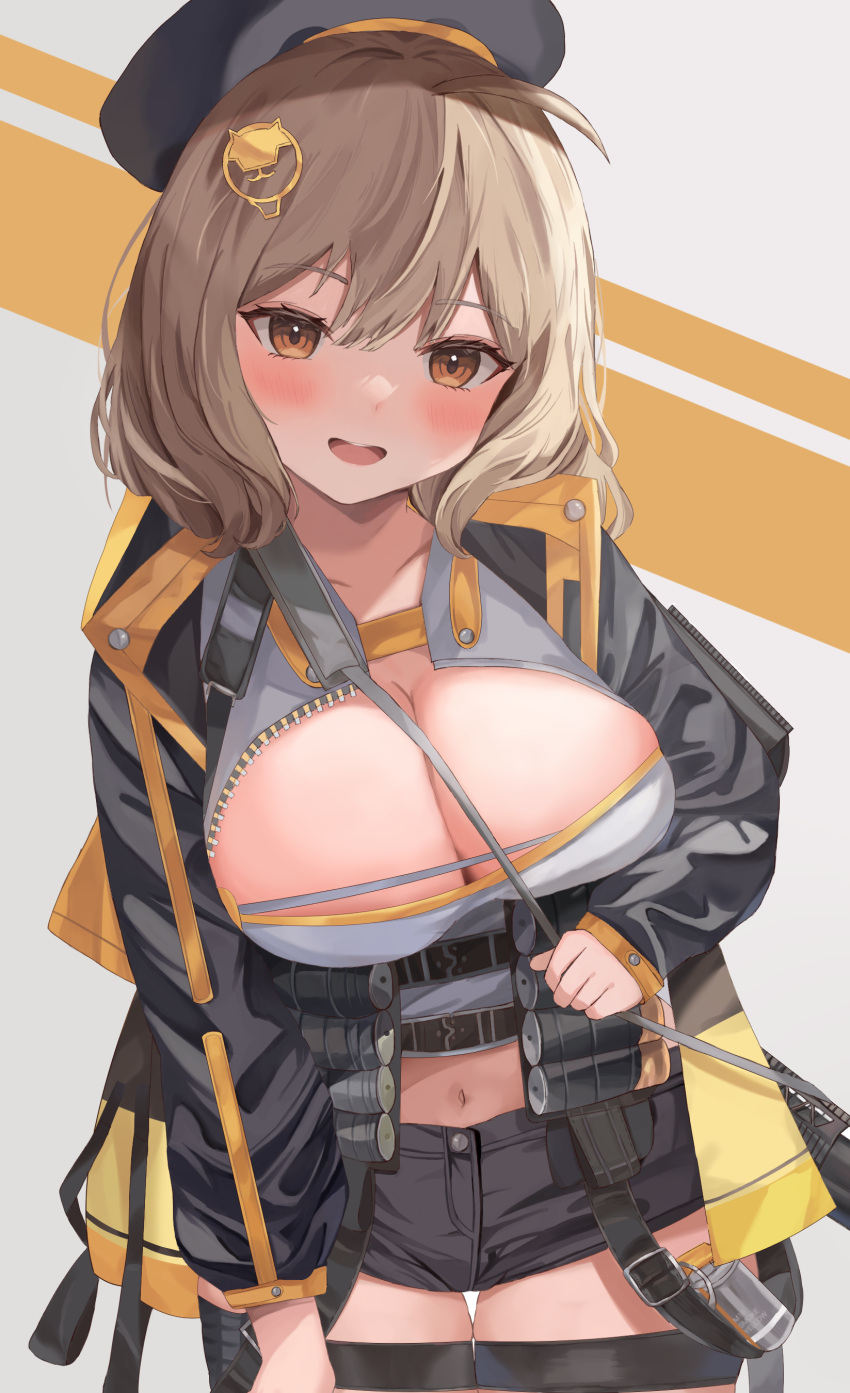 1girl absurdres ahoge ammunition_belt anis_(nikke) beret black_headwear black_jacket black_shorts blush breasts brown_eyes center_opening cleavage commentary cowboy_shot cropped_shirt goddess_of_victory:_nikke grey_background grey_shirt hair_ornament hat highres jacket large_breasts light_brown_hair looking_at_viewer medium_hair midriff military_hat navel open_clothes open_jacket open_mouth orange_background shirt short_shorts shorts simple_background smile solo standing thigh_gap thigh_strap two-tone_background unzipped watage_tanpopo
