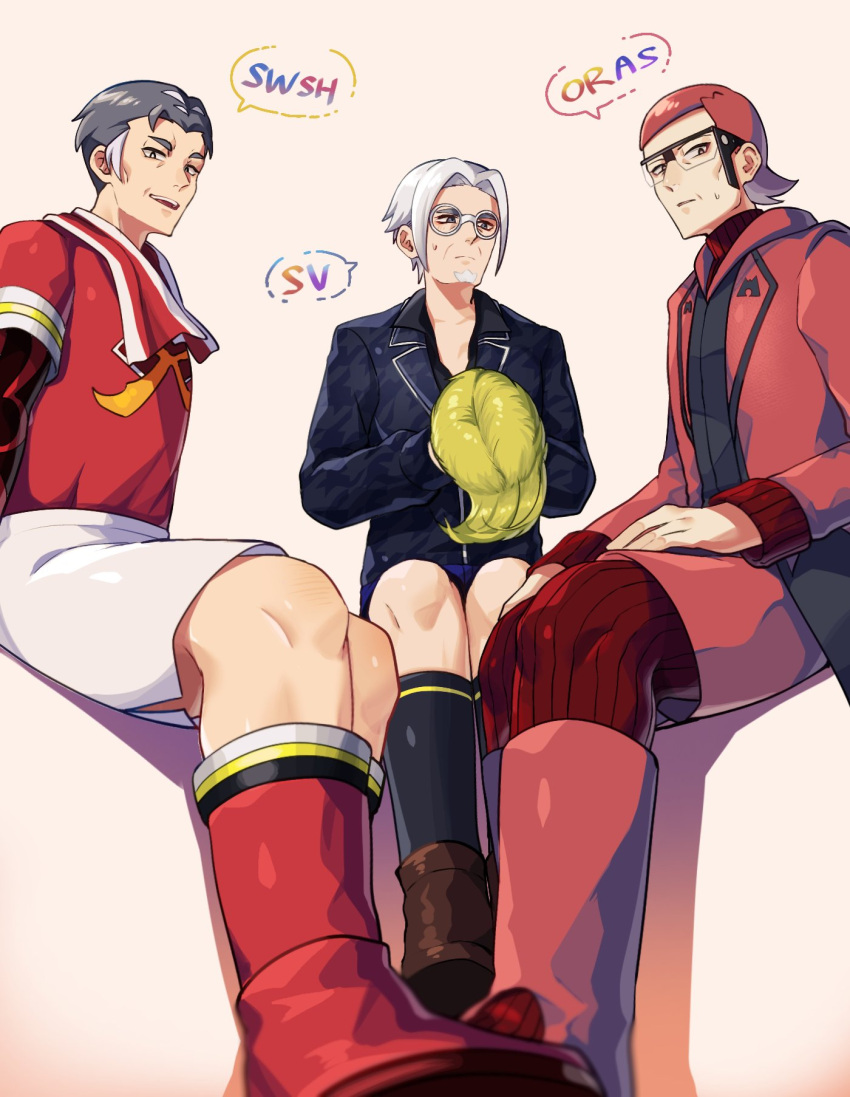 3boys black_eyes black_socks bright_pupils brown_footwear clavell_(pokemon) commentary_request facial_hair from_below glasses goatee grey_hair highres kabu_(pokemon) knees logo looking_down male_focus maxie_(pokemon) multiple_boys pokemon pokemon_(game) pokemon_oras pokemon_sv pokemon_swsh red_footwear red_hair red_shirt red_socks round_eyewear shirt shoes short_hair short_sleeves shorts sitting smile socks sweatdrop takibpkms team_magma teeth towel towel_around_neck undershirt upper_teeth white_hair white_pupils white_shorts