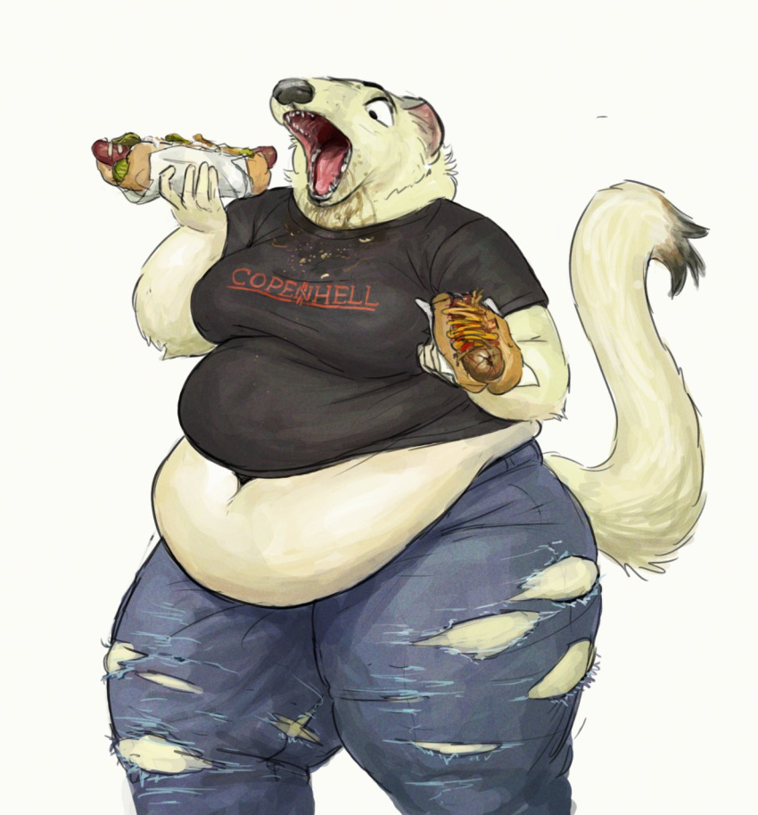 anthro belly big_belly bodily_fluids bottomwear cettus clothing drooling eating female food fur hi_res holding_food holding_object hot_dog mammal maren_sommer messy mustela mustelid musteline obese obese_anthro obese_female open_mouth overweight overweight_anthro overweight_female pants saliva simple_background solo standing stoat torn_bottomwear torn_clothing torn_pants true_musteline white_background white_body white_fur