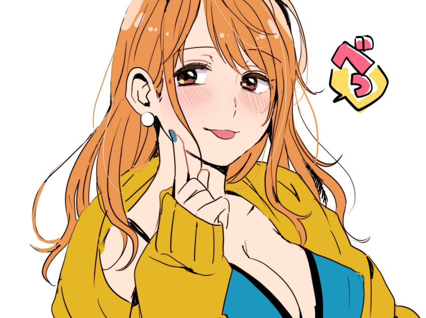 1girl blue_nails blush breasts chiya_op cleavage earrings hand_up index_finger_raised jewelry large_breasts long_hair long_sleeves looking_at_viewer nami_(one_piece) one_piece orange_eyes orange_hair pearl_earrings solo tongue tongue_out upper_body white_background