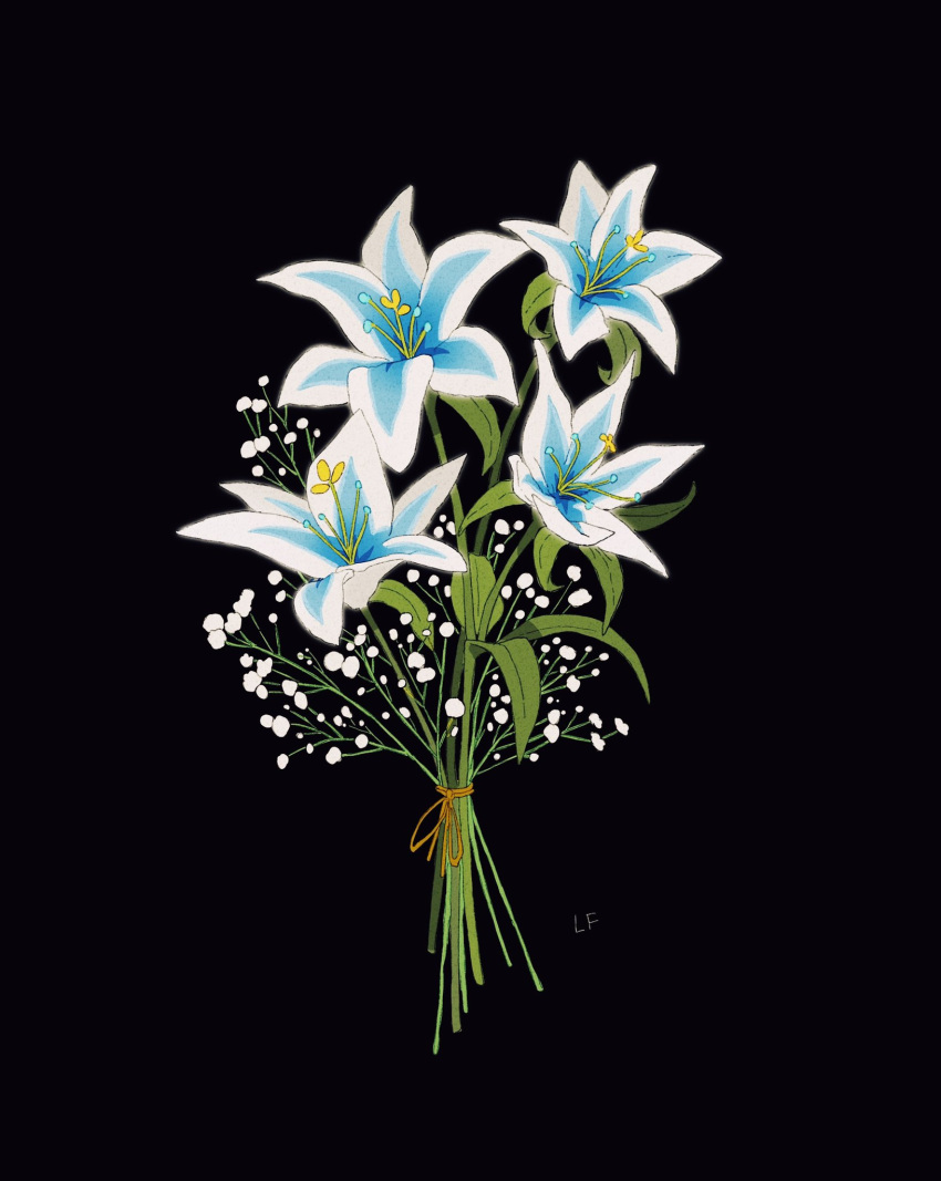 baby's-breath black_background blue_flower bouquet commentary commission english_commentary flower flower_focus highres leaf libbyframe lily_(flower) no_humans plant signature silent_princess simple_background still_life the_legend_of_zelda the_legend_of_zelda:_breath_of_the_wild