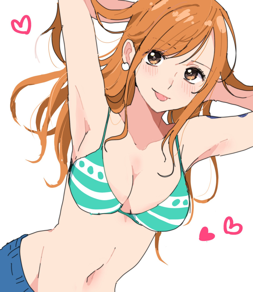 1girl armpits arms_behind_head arms_up bikini bikini_top_only blue_pants blush breasts chiya_op cleavage earrings heart highres jewelry large_breasts long_hair midriff nami_(one_piece) one_piece orange_eyes orange_hair pants pearl_earrings shoulder_tattoo solo swimsuit tattoo tongue tongue_out upper_body
