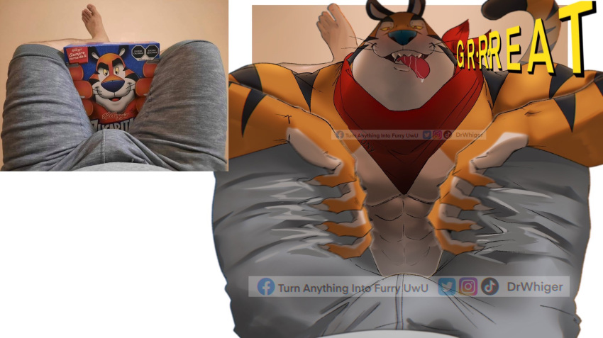 abs anthro blush bodily_fluids bulge clothing drooling drwhiger duo english_text felid first_person_view frosted_flakes fur hi_res human human_on_anthro imminent_sex interspecies kellogg's male male/male mammal mascot meme multicolored_body multicolored_fur muscular muscular_anthro muscular_male orange_body orange_fur pantherine pecs saliva scarf sharp_teeth spreading striped_body striped_fur stripes submissive submissive_pov teeth text tiger tongue tongue_out tony_the_tiger underwear white_body white_fur