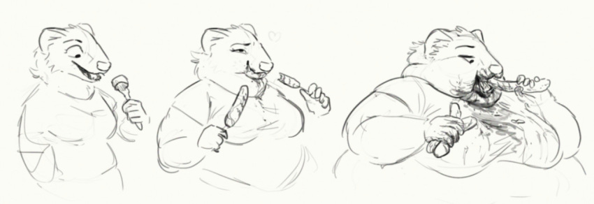 anthro bodily_fluids cettus clothing cutlery drooling eating female food holding_food holding_object kitchen_utensils mammal maren_sommer meat messy morbidly_obese morbidly_obese_anthro morbidly_obese_female mustela mustelid musteline obese obese_anthro obese_female overweight overweight_anthro overweight_female saliva sausage sequence shirt sketch smile solo stoat tools topwear true_musteline weight_gain