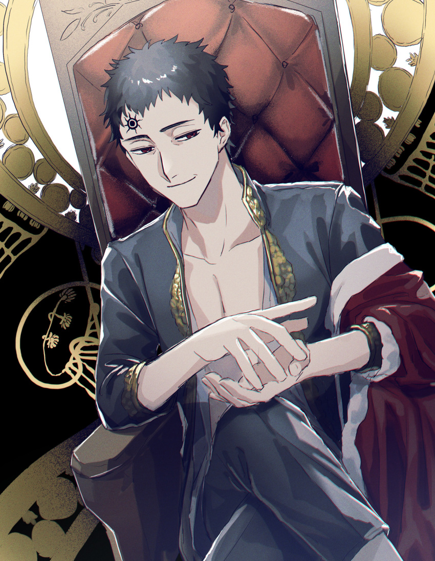 1boy absurdres black_clover black_hair black_pants black_shirt clapping crossed_legs facial_mark forehead_mark gen_me highres lucius_zogratis male_focus open_clothes open_shirt pants red_eyes shirt sitting smile solo throne