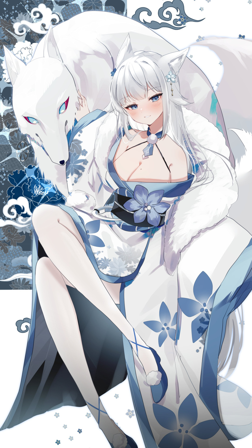 1girl absurdres alternate_hair_color animal_ear_fluff bare_shoulders blue_footwear breasts cleavage closed_mouth flower fox fox_girl fox_tail full_body hair_flower hair_ornament highres indie_virtual_youtuber japanese_clothes kimono kitsune large_breasts long_hair long_sleeves looking_at_viewer off_shoulder official_art sakae_izumi second-party_source solo sorani_(kaeru0768) tail thighhighs virtual_youtuber white_flower white_kimono white_thighhighs