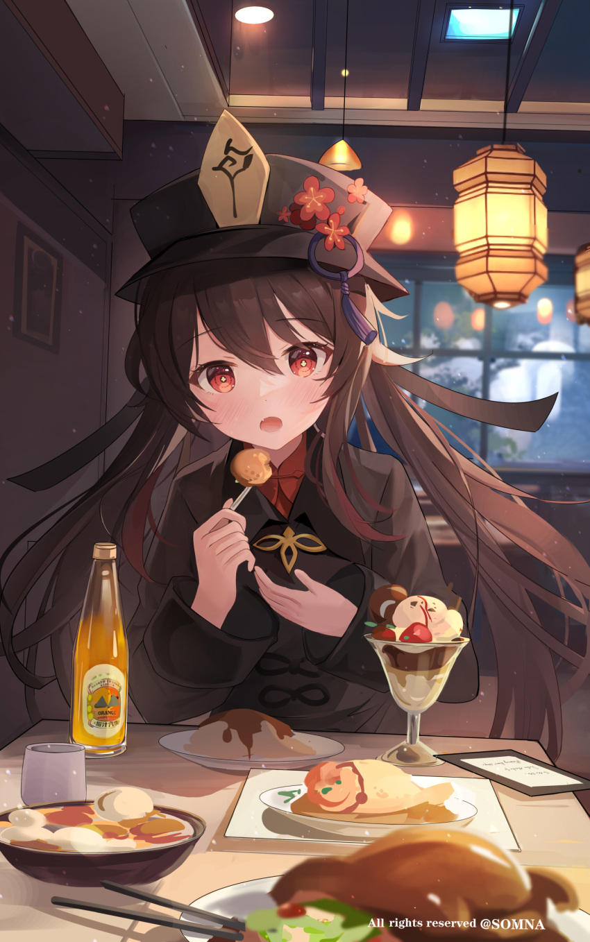 1girl artist_name blush bottle brown_hair brown_headwear chopsticks commentary_request copyright copyright_name dessert fang flower flower-shaped_pupils food genshin_impact hat hat_flower highres hu_tao_(genshin_impact) indoors long_hair long_sleeves looking_at_viewer open_mouth plate plum_blossoms porkpie_hat red_eyes restaurant solo somna symbol-shaped_pupils table tassel watermark