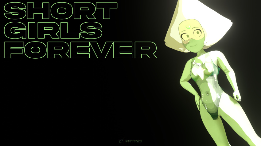 16:9 4k absurd_res blonde_hair breasts cartoon_network clothing female gem_(species) green_body green_clothing green_eyes green_swimwear hair hand_on_hip hi_res humanoid looking_away peridot_(steven_universe) prykez short_height small_breasts solo steven_universe swimwear translucent translucent_clothing widescreen