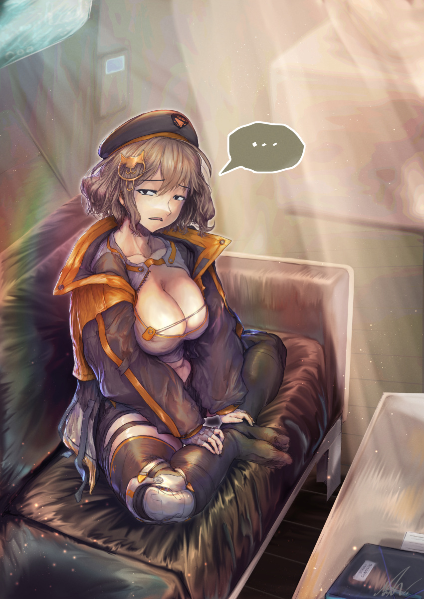 ... 1girl absurdres anis_(nikke) bangs beret black_eyes black_headwear black_shorts black_thighhighs breasts brown_hair cleavage commentary_request couch fingerless_gloves gloves goddess_of_victory:_nikke hair_ornament hat highres indoors jacket kanehira_(nowisima) knee_pads large_breasts long_sleeves looking_at_viewer open_clothes open_jacket parted_lips short_hair short_shorts shorts single_glove single_knee_pad sitting solo spoken_ellipsis thigh_strap thighhighs