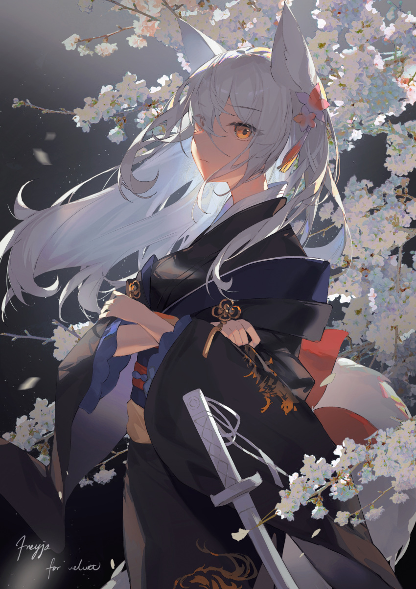 1girl absurdres animal_ears bangs black_kimono branch closed_mouth commentary crossed_arms english_commentary eyes_visible_through_hair flower grey_hair hair_flower hair_ornament hair_over_one_eye highres japanese_clothes katana kiduki kimono long_hair long_sleeves looking_at_viewer obi orange_eyes original red_flower sash solo sword tail very_long_hair weapon white_flower wide_sleeves