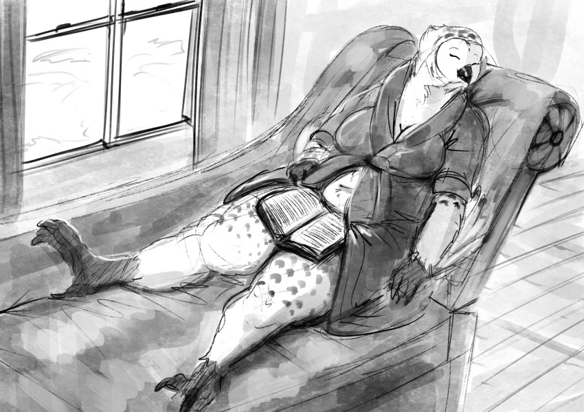 anthro avian beak bird bird_feet book breasts bubo_(genus) chair chaise_lounge claws cleavage clothed clothing doctordj eyes_closed female furniture greyscale hi_res monochrome mostly_nude open_book owl reclining relaxing robe robe_only sleeping slightly_chubby snowy_owl solo true_owl window