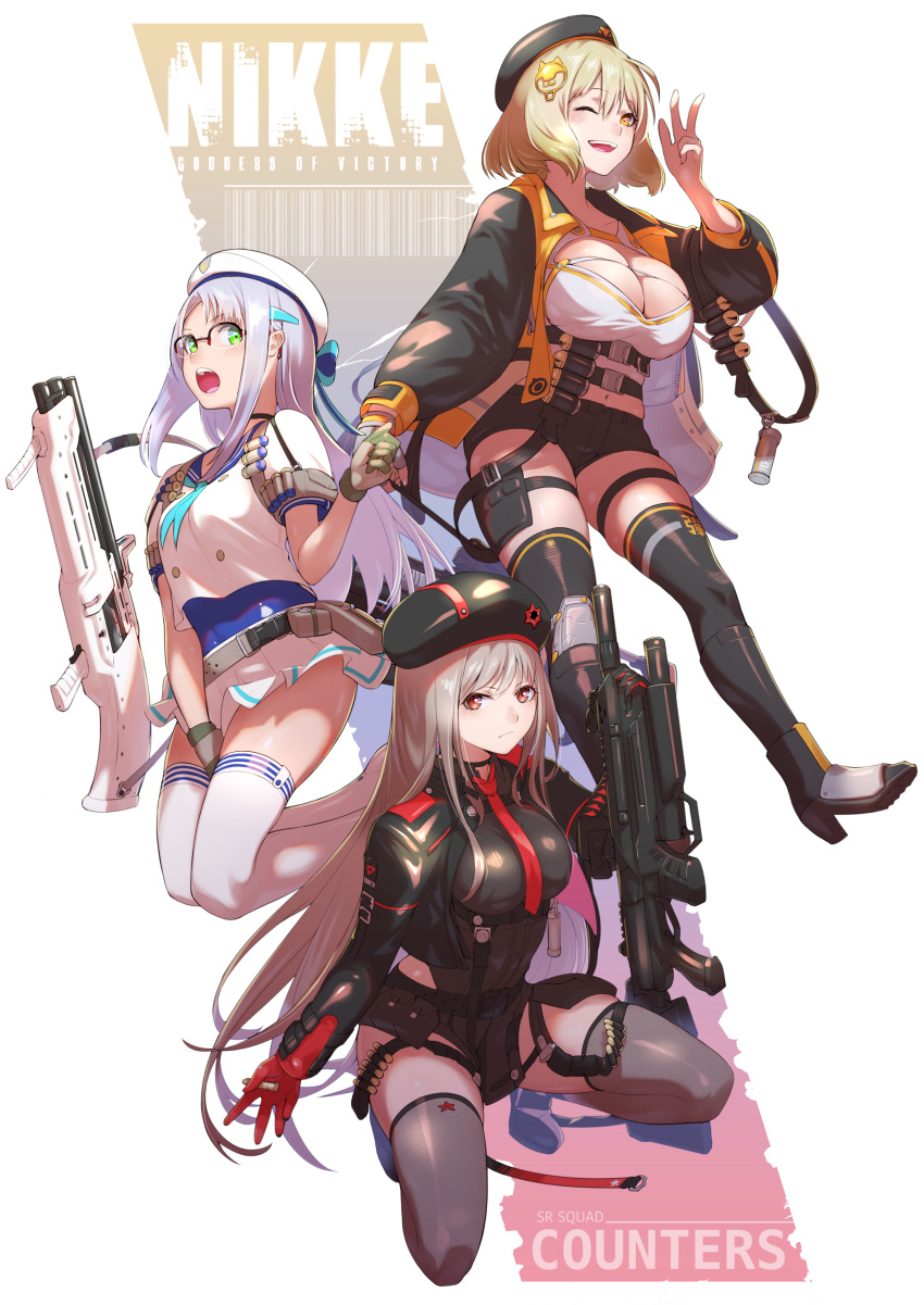 3girls :d absurdres anis_(nikke) assault_rifle beret black_gloves black_jacket black_shorts breasts brown_gloves brown_hair brown_thighhighs bullet cleavage cleavage_cutout closed_mouth clothing_cutout copyright_name full_body fune_(fune93ojj) glasses gloves goddess_of_victory:_nikke green_eyes grey_hair gun hat highres holding holding_gun holding_weapon jacket large_breasts long_hair long_sleeves looking_at_viewer multiple_girls necktie neon_(nikke) one_eye_closed open_mouth rapi_(nikke) red_necktie rifle rocket_launcher short_hair short_sleeves shorts shotgun single_glove skirt smile thighhighs weapon white_jacket white_skirt white_thighhighs yellow_eyes