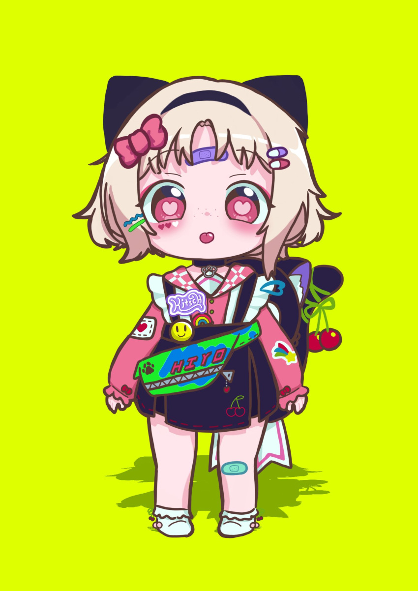 1girl alternate_costume amai_hiyo backpack bag bandaid bandaid_on_face bandaid_on_knee bandaid_on_leg blonde_hair bow character_name cherry female_child food forehead fruit full_body green_background hair_ornament hairclip heart heart-shaped_pupils highres indie_virtual_youtuber legs_apart long_sleeves looking_at_viewer mojongsap28 paw_print pink_sleeves rainbow red_bow red_eyes shadow simple_background smiley_face solo standing sticker symbol-shaped_pupils tongue tongue_out white_footwear