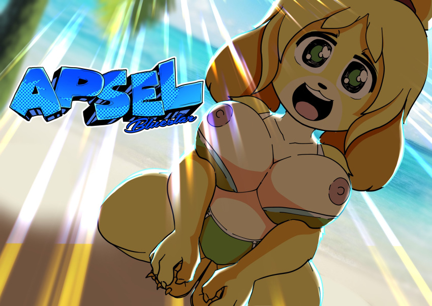 animal_crossing anthro apsel_bluestar artist_logo artist_name beach big_breasts bikini bottomwear breasts canid canine canis claws clothing detailed_background digital_media_(artwork) domestic_dog exposed_breasts feet female fingers fur green_bikini green_clothing green_eyes green_swimwear hair hi_res isabelle_(animal_crossing) kneeling logo looking_at_viewer mammal midriff nintendo nipples open_mouth open_smile outside palm_tree plant sand seaside shih_tzu sky smile solo swimwear teeth toe_claws toes tongue topwear toy_dog tree video_games water yellow_body yellow_fur