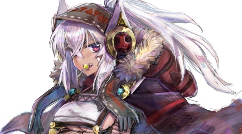 1girl arms_under_breasts azur_lane bangs black_gloves breast_curtain breasts brown_cape brown_hood candy cape commentary_request crossed_bangs dark-skinned_female dark_skin facepaint fingerless_gloves food fur-trimmed_cape fur_trim gloves hair_between_eyes high_ponytail highres hood hood_up lollipop long_hair looking_at_viewer medium_breasts minneapolis_(azur_lane) multicolored_cape multicolored_clothes open_mouth pink_hair red_cape red_eyes seijun-pb simple_background smile solo underboob upper_body very_long_hair white_background