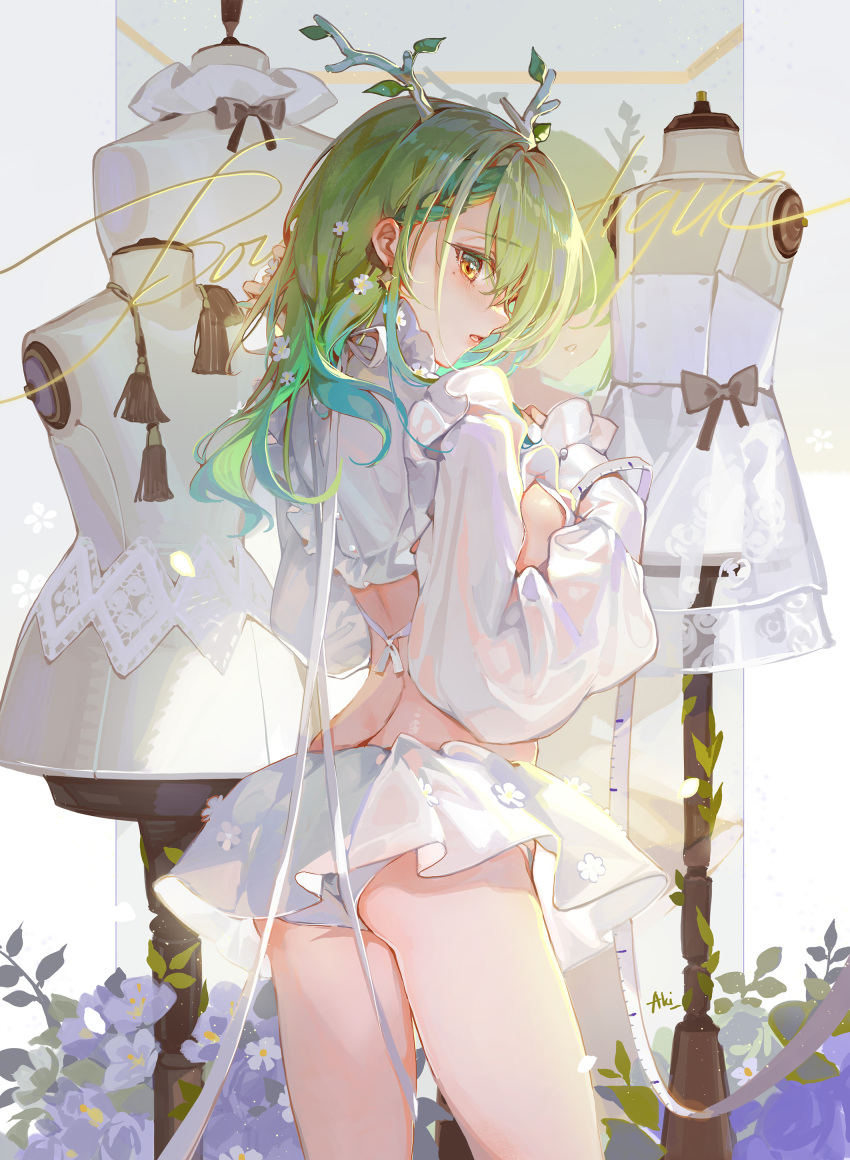 1girl absurdres akizero1510 antlers ass bangs blue_hair braid branch breasts ceres_fauna cowboy_shot crop_top earrings flower gradient_hair green_hair hair_behind_ear hair_flower hair_ornament highres hololive hololive_english jewelry long_hair long_sleeves looking_at_viewer looking_back mannequin miniskirt mole mole_under_eye multicolored_hair panties parted_lips puffy_long_sleeves puffy_sleeves sideboob skirt solo standing underwear virtual_youtuber white_panties white_skirt yellow_eyes