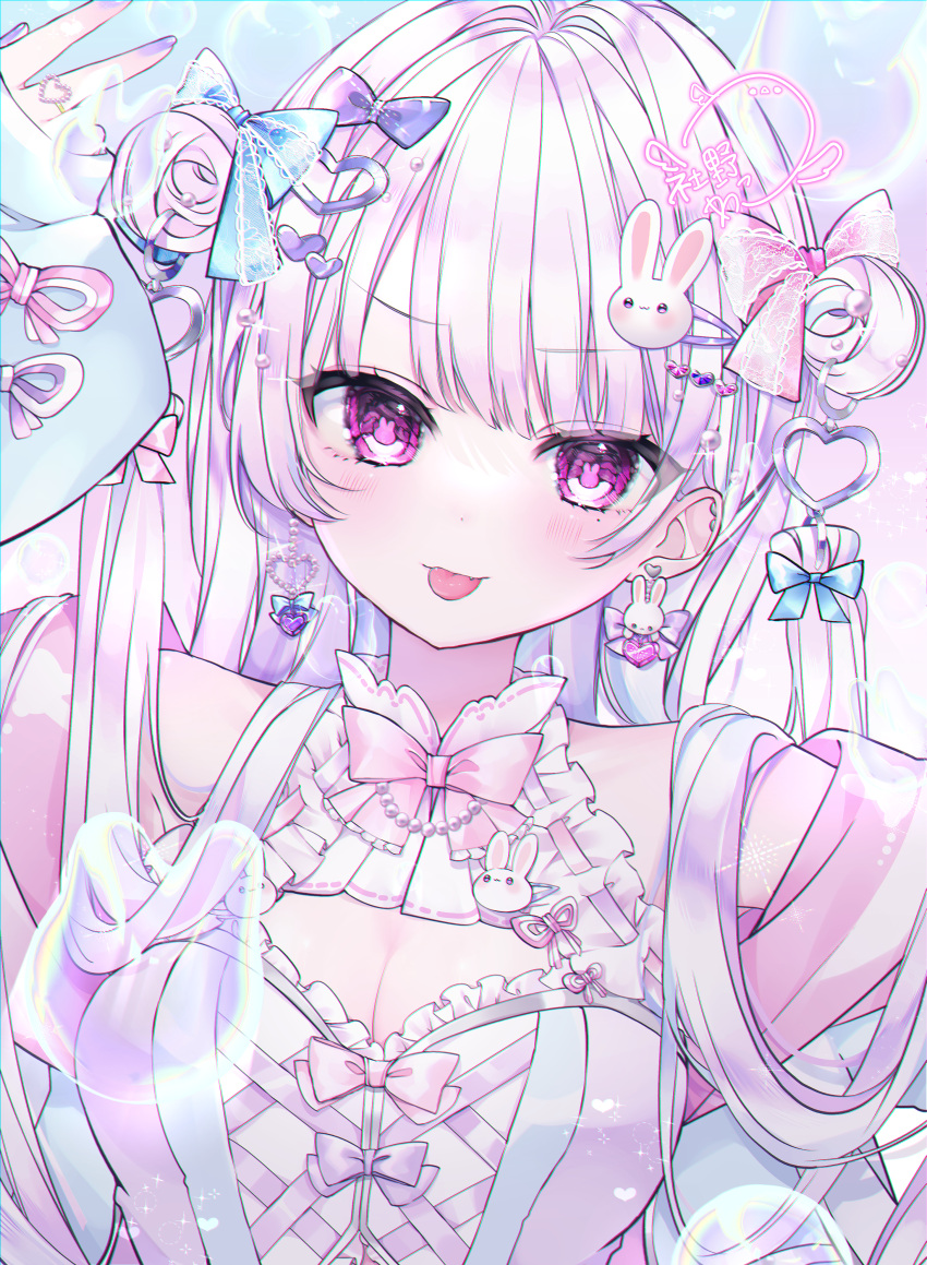 1girl absurdres bangs blush bow breasts cleavage corset earrings frills hair_ornament hairclip highres jewelry long_hair long_sleeves looking_at_viewer nail_polish original pink_eyes ribbon smile solo tongue tongue_out upper_body wako_morino white_hair