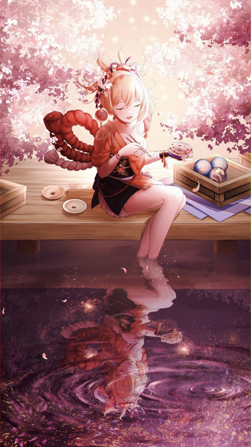 1girl ^_^ ^o^ absurdres bandaged_leg bandaged_wrist bandages bangs bare_legs blonde_hair bowl chest_sarashi choker chopsticks closed_eyes commentary_request facing_viewer falling_petals food genshin_impact hadanugi_dousa hair_ornament highres holding holding_bowl holding_chopsticks japanese_clothes kanzashi kimono kochi_4 open_mouth orange_kimono pendant_choker petals plate ponytail red_choker reflection reflective_water ripples rope sarashi scenery shimenawa sidelocks single_bare_shoulder soaking_feet solo tree vision_(genshin_impact) water wooden_box yoimiya_(genshin_impact)