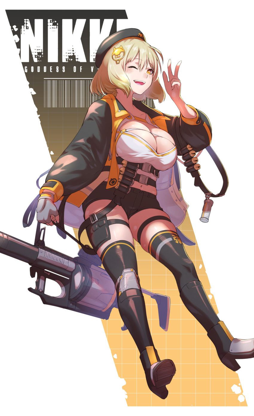 1girl :d absurdres anis_(nikke) beret black_gloves black_jacket black_shorts blonde_hair breasts brown_gloves brown_hair brown_thighhighs bullet cleavage cleavage_cutout clothing_cutout copyright_name full_body fune_(fune93ojj) gloves goddess_of_victory:_nikke gun hat highres holding holding_gun holding_weapon jacket large_breasts long_sleeves looking_at_viewer one_eye_closed open_mouth rocket_launcher short_hair shorts single_glove smile solo thighhighs weapon yellow_eyes