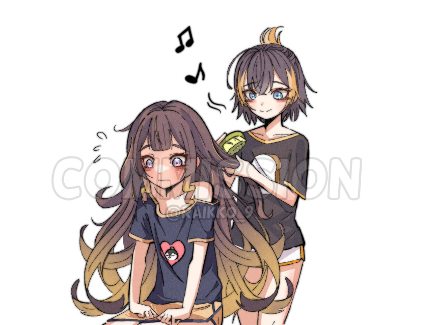 2girls alternate_costume anya_melfissa bangs blonde_hair blue_eyes blush brown_hair brushing_another's_hair brushing_hair collared_shirt commission crossover english_commentary flat_chest highres hololive hololive_indonesia long_hair looking_down multicolored_hair multiple_girls musical_note nervous nijisanji nijisanji_en off-shoulder_shirt off_shoulder orange_shorts pentomo_(petra_gurin) petra_gurin print_shirt purple_eyes raikkonen shirt short_hair shorts sitting smile streaked_hair twitter_username very_long_hair virtual_youtuber watermark white_shorts