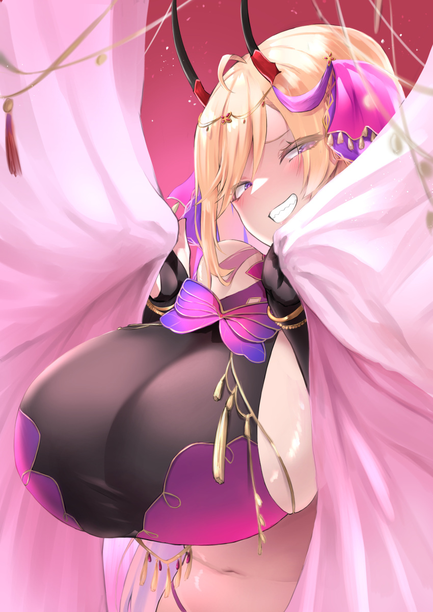 1girl absurdres arabian_clothes azur_lane black_gloves blonde_hair breasts chain commission curtain_grab curtains eyes_visible_through_hair gloves gold_chain gold_trim harem_outfit highres horns huge_breasts kumano_(azur_lane) kumano_(one_thousand_and_one_nights'_wishes)_(azur_lane) looking_away looking_to_the_side majinno official_alternate_costume oni_horns see-through skeb_commission smile solo upper_body