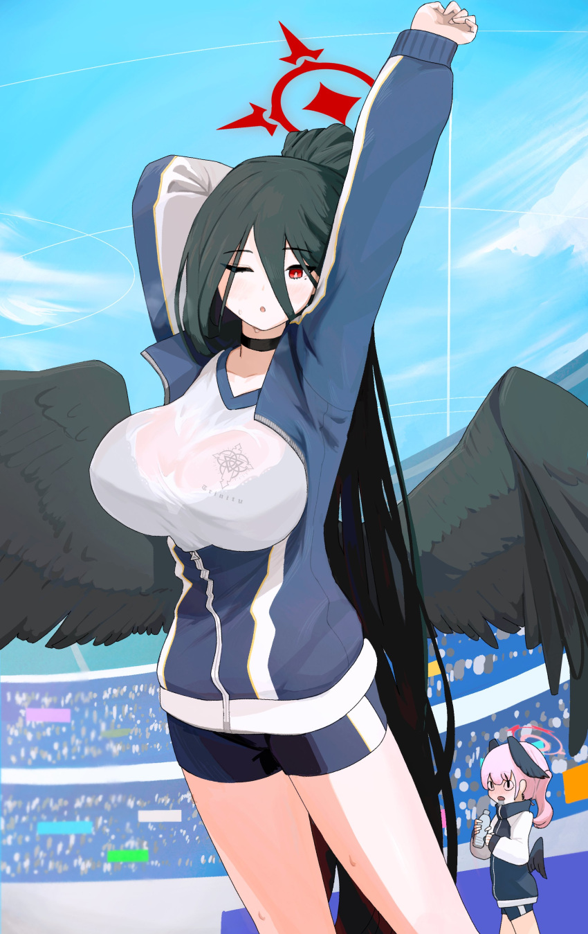 2girls absurdres arms_up bangs black_hair black_wings blue_archive blue_sky blurry bonefire0909 bottle choker cloud cloudy_sky commentary_request depth_of_field feathered_wings gym_shorts gym_uniform hair_between_eyes halo hasumi_(blue_archive) hasumi_(gym_uniform)_(blue_archive) head_wings highres holding holding_bottle jacket koharu_(blue_archive) long_hair long_sleeves looking_at_viewer multiple_girls official_alternate_costume parted_lips pink_hair plastic_bottle ponytail red_eyes see-through see-through_shirt short_shorts shorts sidelocks sky solo_focus stadium stretching sweat track_jacket twintails wings