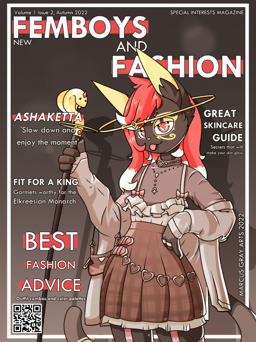 2022 4_fingers anthro bottomwear clothing cover ear_tuft english_text fingers girly hair hi_res legwear magazine_cover male marcus_gray purse red_eyes red_hair skirt solo staff text thigh_highs tongue tongue_out tuft