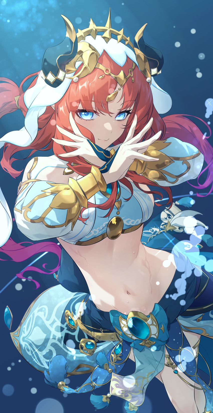 1girl absurdres blue_background blue_eyes blue_gemstone blue_skirt bracer breasts circlet closed_mouth cowboy_shot crop_top detached_sleeves fake_horns floating_hair gem genshin_impact harem_outfit highres horns jjjsss long_sleeves looking_at_viewer low_twintails medium_breasts navel nilou_(genshin_impact) puffy_long_sleeves puffy_sleeves red_hair skirt solo stomach tassel thighlet thighs twintails veil water wet white_headwear x_arms