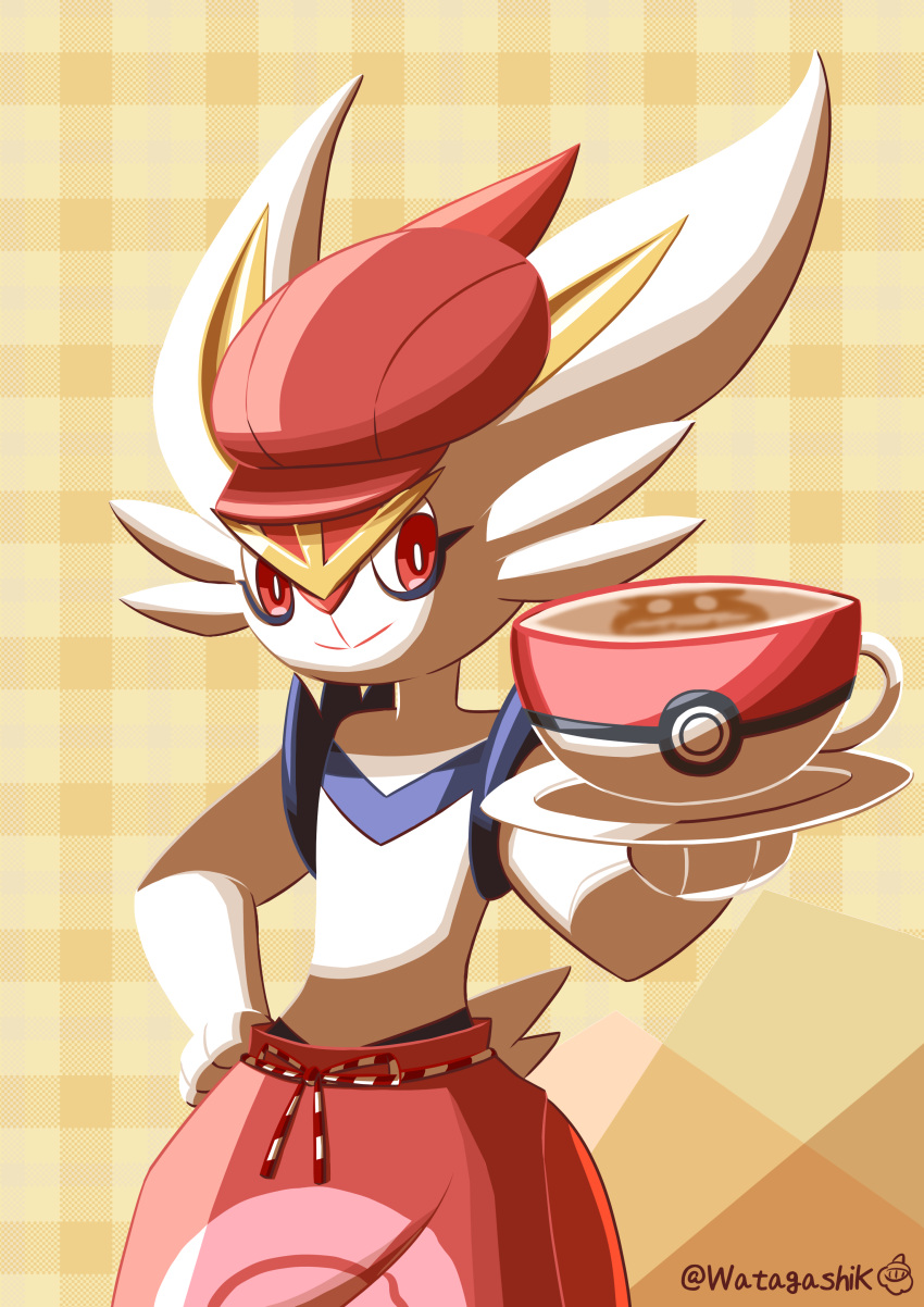 absurdres animal_ears apron body_fur brown_background cabbie_hat cinderace closed_mouth clothed_pokemon coffee commentary_request cup furry hand_on_hip hat hatted_pokemon highres holding holding_saucer looking_at_viewer plaid plaid_background poke_ball_theme pokemon pokemon_(creature) pokemon_cafe_mix rabbit_ears red_apron red_eyes red_hair red_headwear saucer signature smile solo standing tail teacup twitter_username waist_apron watagashikn white_fur