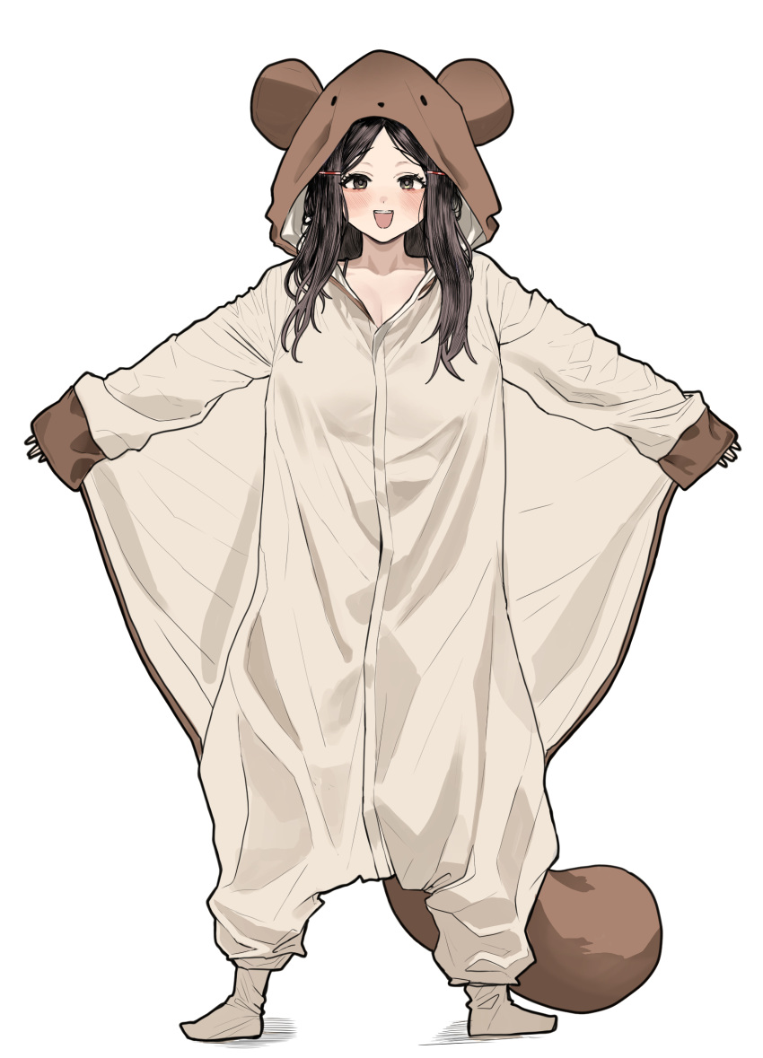 1girl :d absurdres breasts brown_eyes brown_hair chroong cleavage commentary_request flying_squirrel_costume full_body highres korean_commentary long_hair looking_at_viewer open_mouth original simple_background smile solo standing white_background