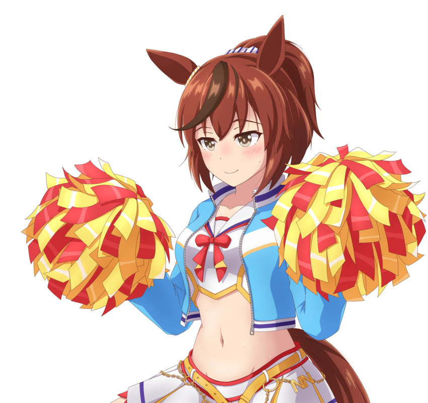 alternate_costume alternate_hairstyle animal_ears blush brown_eyes cheerleader commentary_request groin highres horse_ears horse_girl horse_tail jacket midriff navel nice_nature_(run&amp;win)_(umamusume) nice_nature_(umamusume) pom_pom_(cheerleading) red_hair shiodanx smile sweat tail umamusume white_background