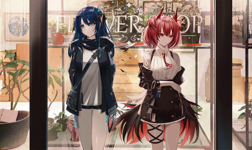 2girls arknights arms_behind_back black_jacket black_skirt blitzkrieg_(index_unknown) blue_eyes blue_hair blue_shorts breasts closed_mouth collared_shirt dress_shirt fiammetta_(arknights) highres hood hood_down hooded_jacket horns jacket long_sleeves medium_breasts mostima_(arknights) multiple_girls off_shoulder open_clothes open_jacket parted_lips red_eyes red_hair shirt short_shorts shorts skirt white_shirt window