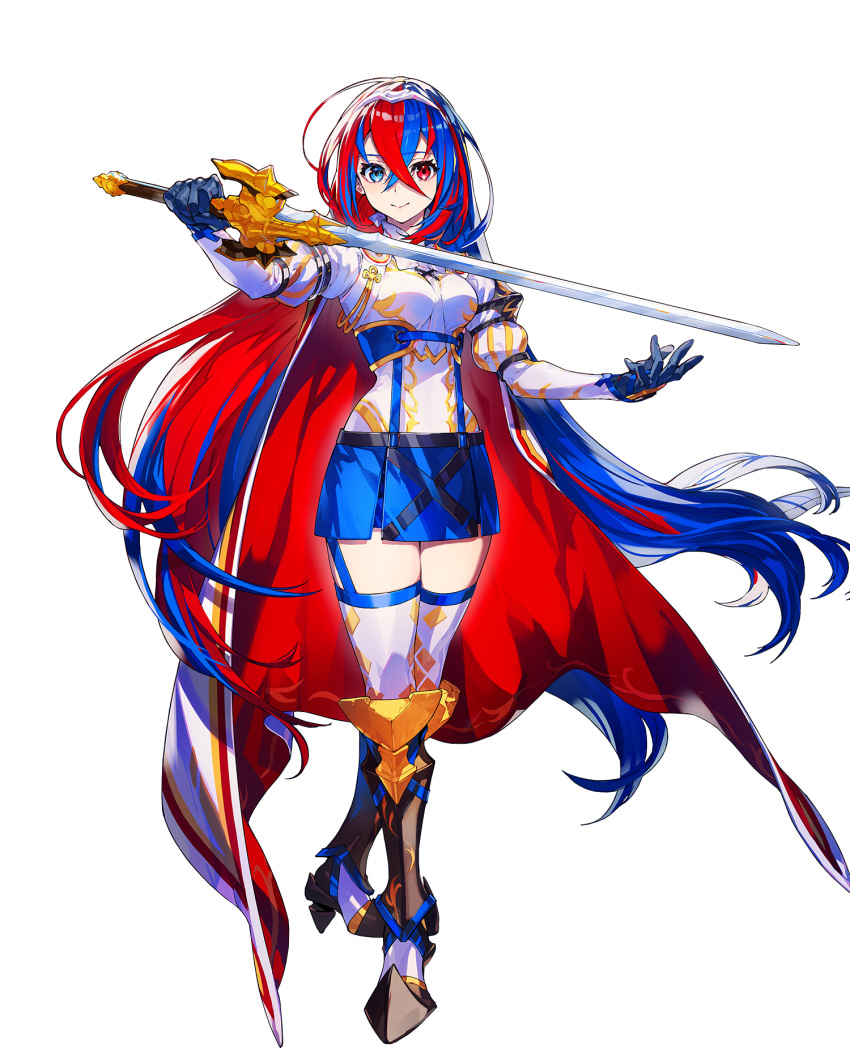 1girl alear_(fire_emblem) alear_(fire_emblem)_(female) armor bangs blue_eyes blue_hair blush boots braid breasts cape character_name crossed_bangs crown_braid fire_emblem fire_emblem_engage full_body gloves heterochromia highres holding holding_sword holding_weapon jewelry long_hair medium_breasts mika_pikazo multicolored_hair official_art pointy_footwear red_eyes red_hair smile solo split-color_hair sword tiara two-tone_hair very_long_hair weapon white_background