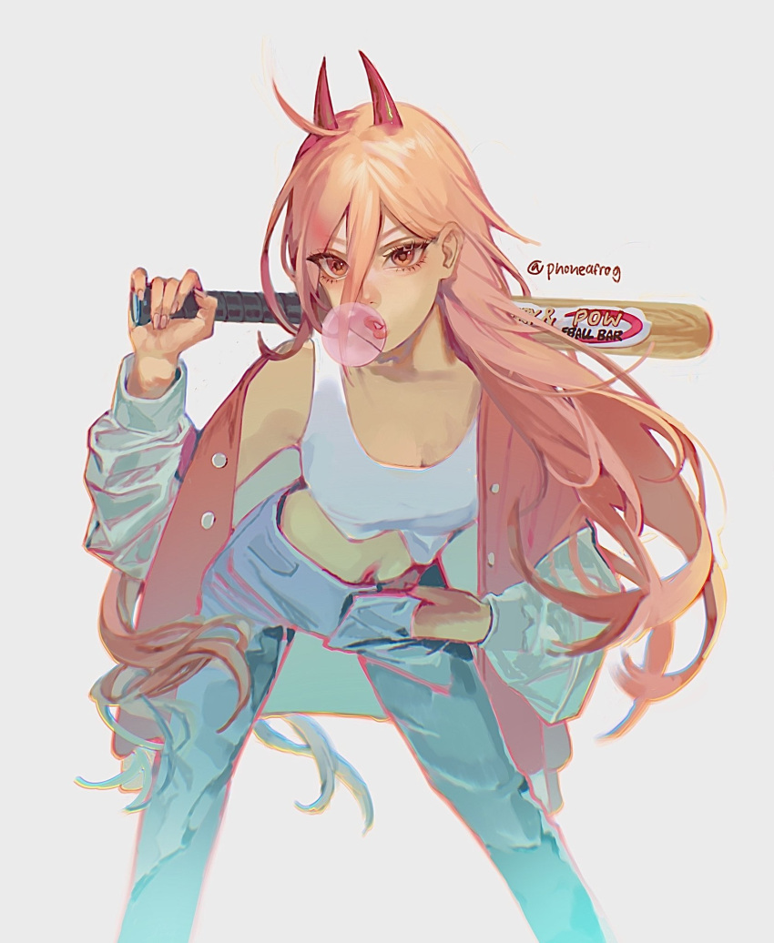 1girl baseball_bat breasts bubble_blowing chainsaw_man chewing_gum cowlick crop_top hair_between_eyes hand_in_pocket highres holding holding_weapon horns leaning_forward long_hair looking_at_viewer medium_breasts midriff orange_eyes phoneafrog pink_hair power_(chainsaw_man) red_horns simple_background solo twitter_username weapon white_background