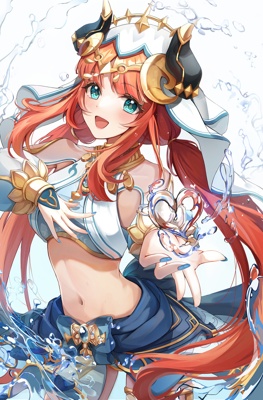 1girl :d aqua_eyes bangs blue_bow blue_gemstone blue_nails blue_skirt bow bracer breasts circlet dancer detached_sleeves fake_horns floating_hair gem genshin_impact gold_trim happy harem_outfit heart highres horns hydrokinesis long_hair long_sleeves looking_at_viewer low_twintails medium_breasts nail_polish nilou_(genshin_impact) open_mouth outstretched_hand parted_bangs prana_(prana12) puffy_long_sleeves puffy_sleeves red_hair sidelocks simple_background skirt smile solo twintails veil very_long_hair water white_background white_headwear
