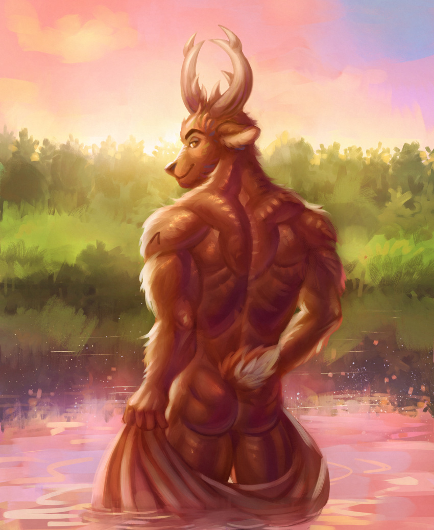 anthro antlers back_muscles brown_body brown_fur butt cervid fangsboi fur hi_res horn looking_back male mammal muscular muscular_male nude outside partially_submerged plant rear_view sky smile solo standing sunrise towel tree water